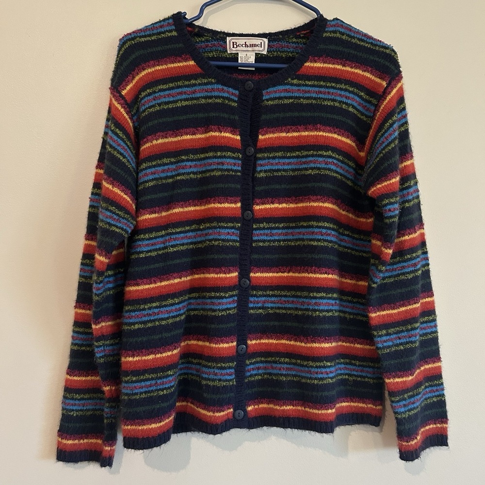 Bechamel Cardigan Sweater Womens Sz S Striped Colorful Wool Blend Buttons